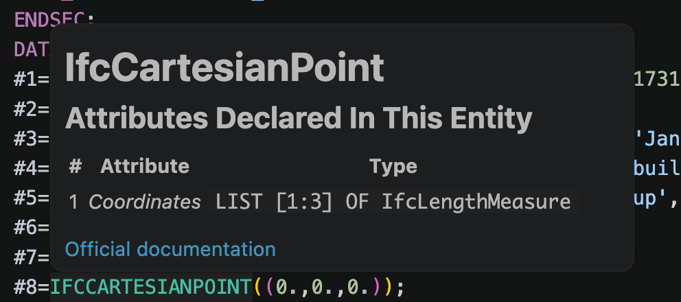IFC entity hover documentation