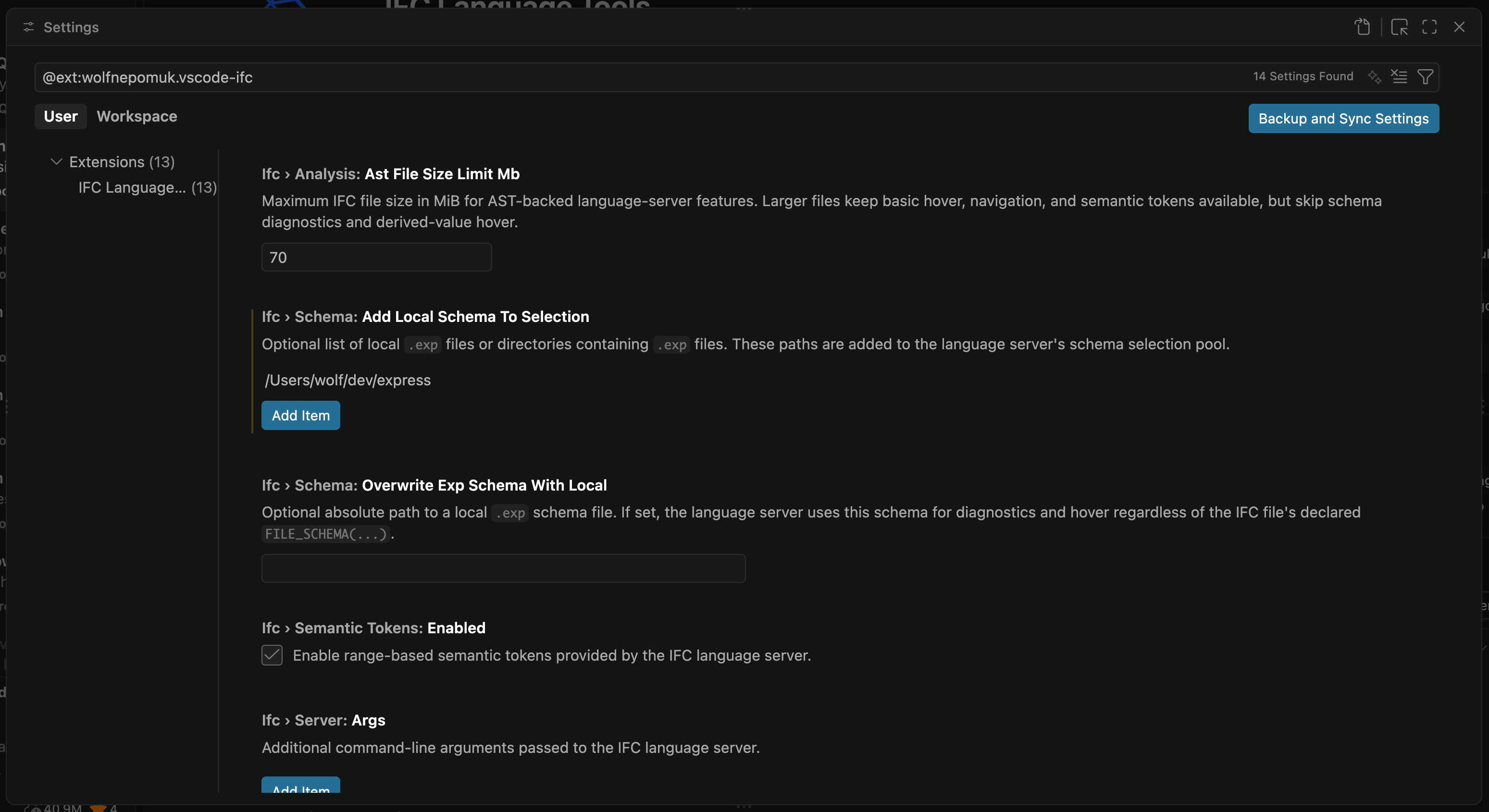 IFC settings in VS Code